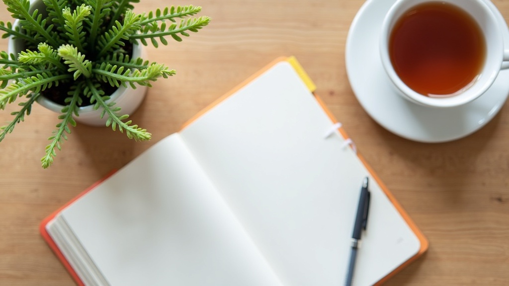 A calm organized workspace with a plant, a journal, and a cup of tea, symbolizing balance and self-care.