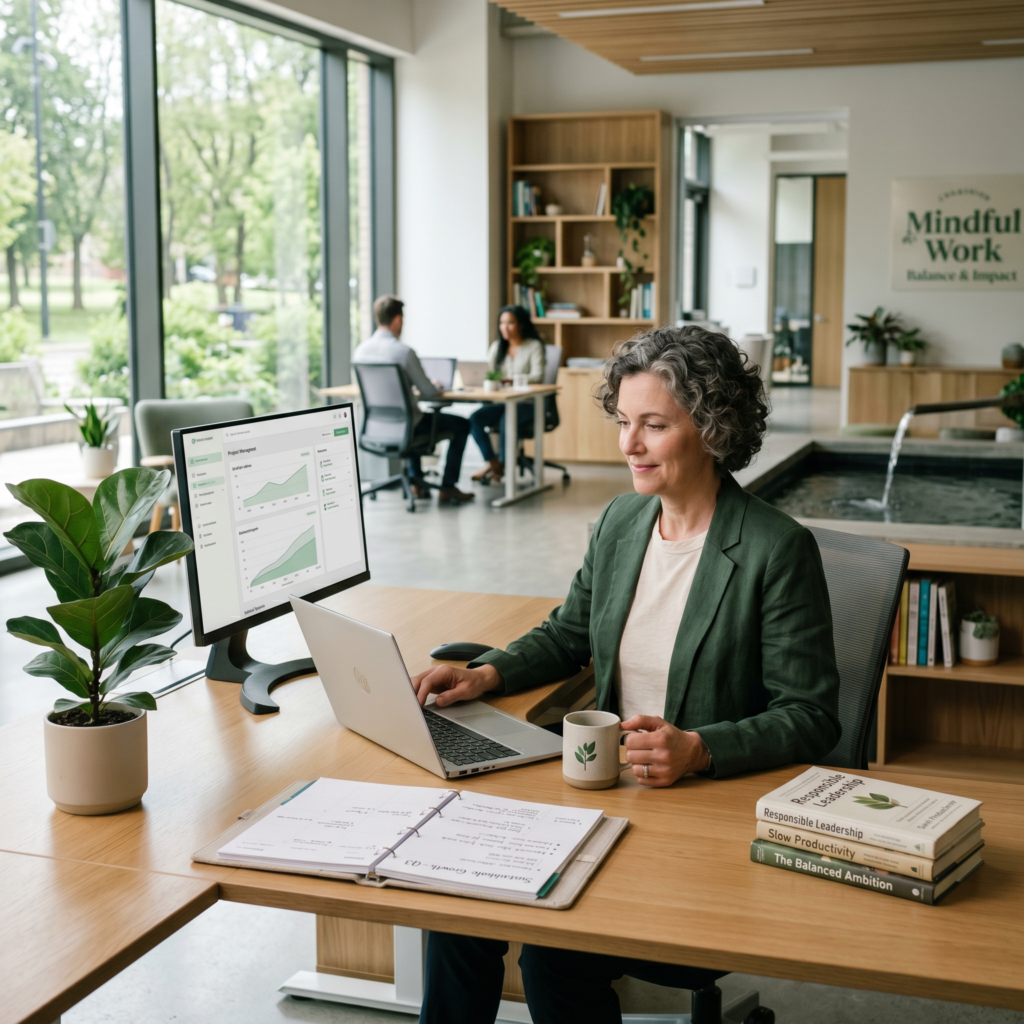 Professional working calmly in a balanced environment, illustrating sustainable ambition without burnout.