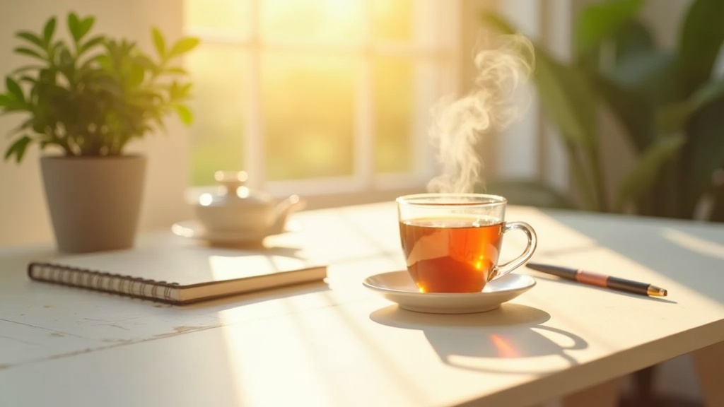 A bright sunny desk with a cup of steaming tea, notebook, pen, and a houseplant. A soft morning light casts gentle shadows, symbolizing a peaceful morning routine.