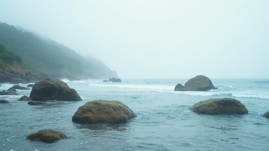 A calm landscape with large rocks in water, symbolizing emotional balance