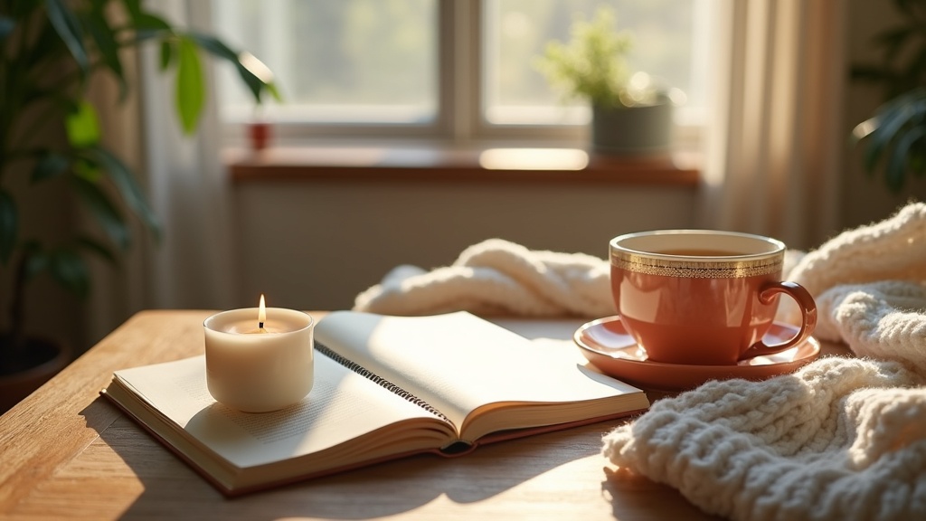 A calming cup of herbal tea beside a notebook, a candle, and a cozy blanket on a wooden table.