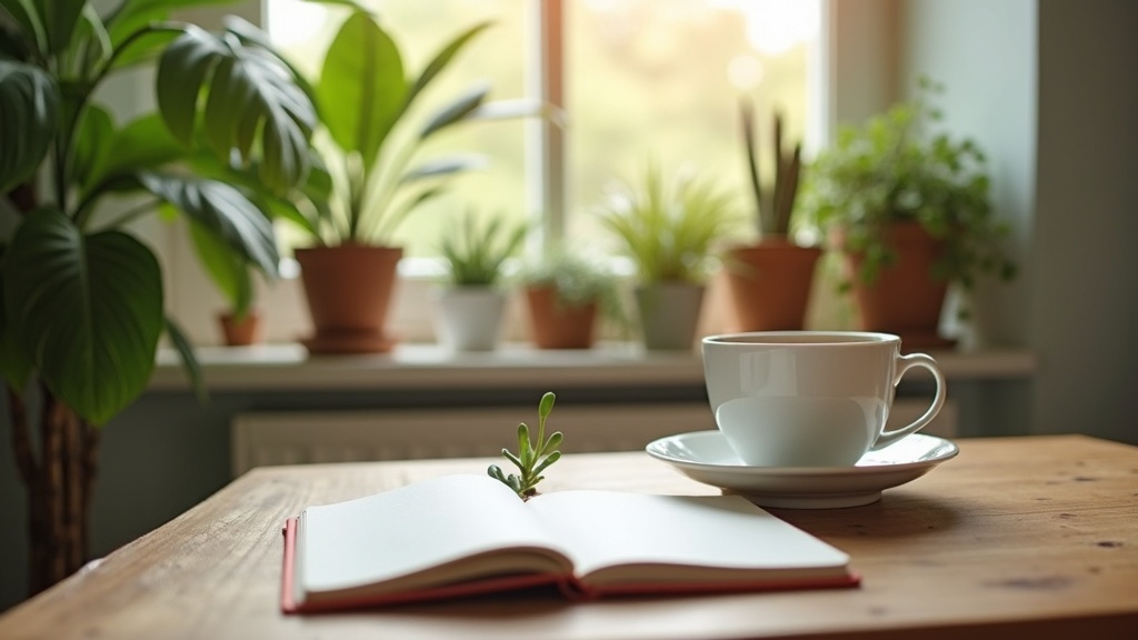 A calming space with natural light, green plants, a journal, and a cup of tea on a wooden table.