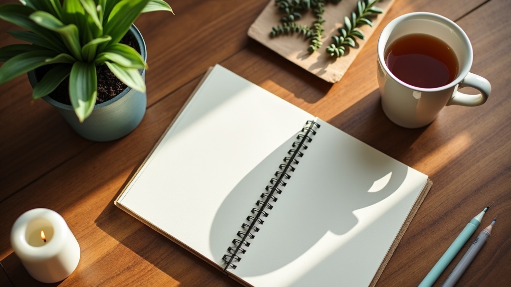 A calming still life of a journal, a cup of tea, a candle, a plant, and a collection of art supplies arranged on a table.