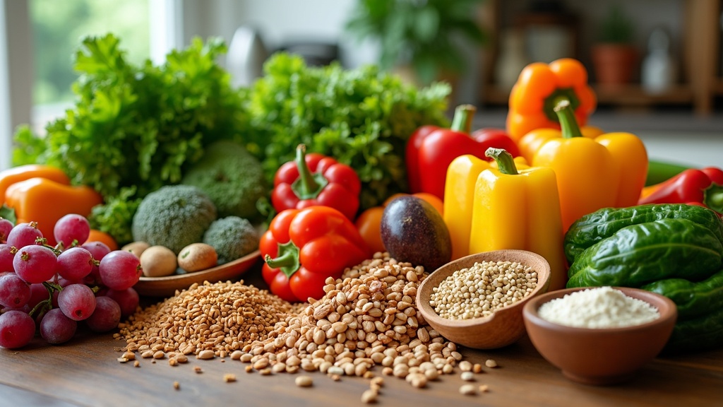 A colorful array of fresh fruits, vegetables, whole grains, and nuts arranged on a wooden table with sunlight shining on them