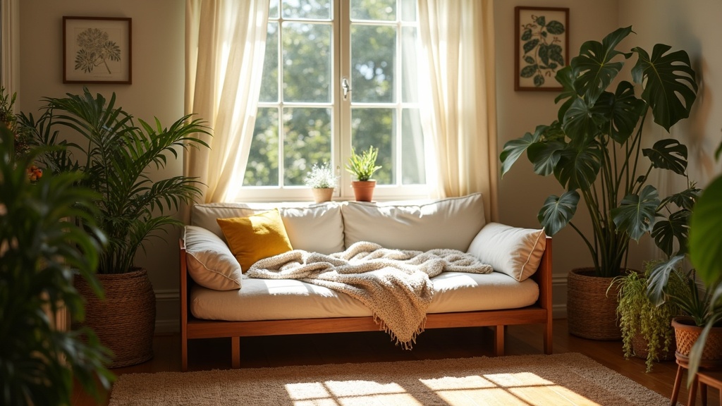 A cozy, sunlit room with a small couch or daybed near a window, inviting for a short midday power nap, surrounded by plants and soft natural light.