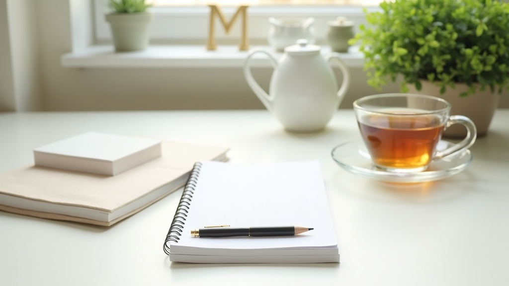 A journal, notepad, and cup of tea on a neat desk, with some greenery by the side for a fresh atmosphere