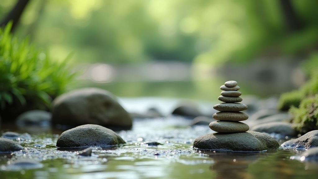 A serene, minimalistic nature scene with stones balanced on each other beside a calm stream, surrounded by greenery and soft light.