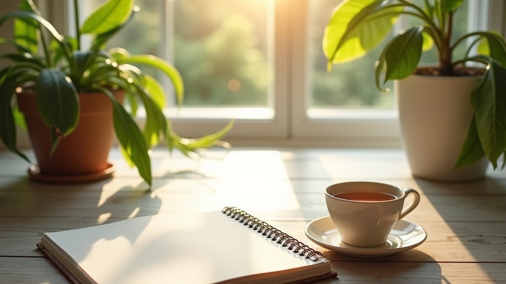 A sunlit journal, a pen, and a steaming mug on a tranquil table, with leafy plants nearby and warm sunlight filtering in, creating a peaceful and reflective mood suited for gratitude journaling.