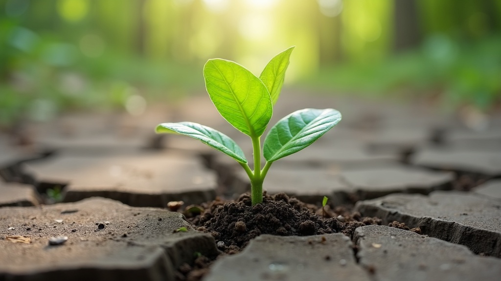 A symbolic image of a thriving green plant emerging from cracked ground, representing resilience and growth after challenges.