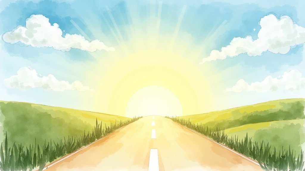 A watercolor landscape showing an open road leading towards sunny skies, symbolizing a positive journey ahead.