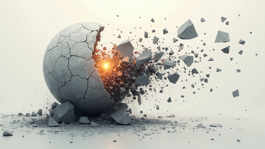 An abstract image of shattered pieces forming a new shape, symbolizing transformation and growth after breaking apart.