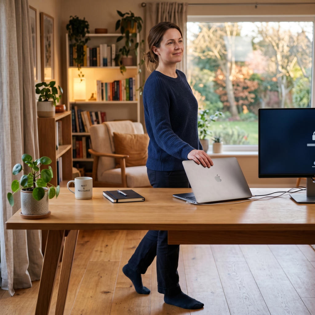 Professional closing laptop and stepping away from desk in a calm home environment at the end of the workday