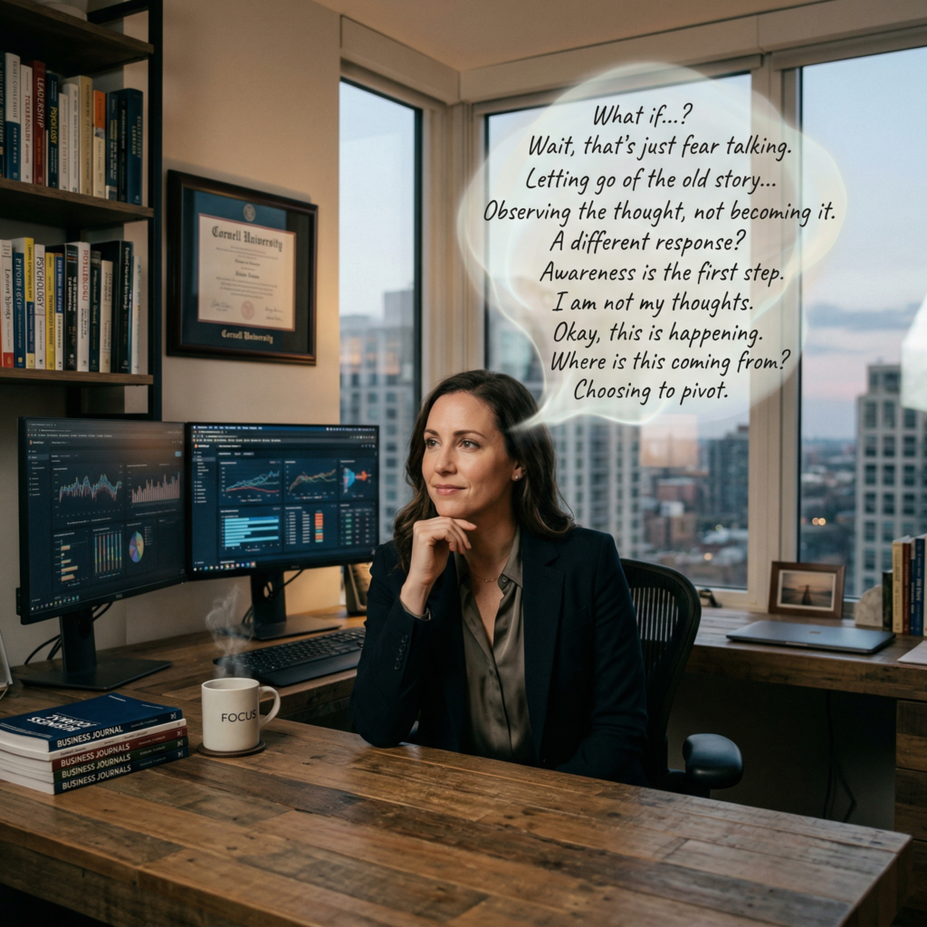 Thoughtful professional pausing in quiet reflection, becoming aware of negative thought patterns