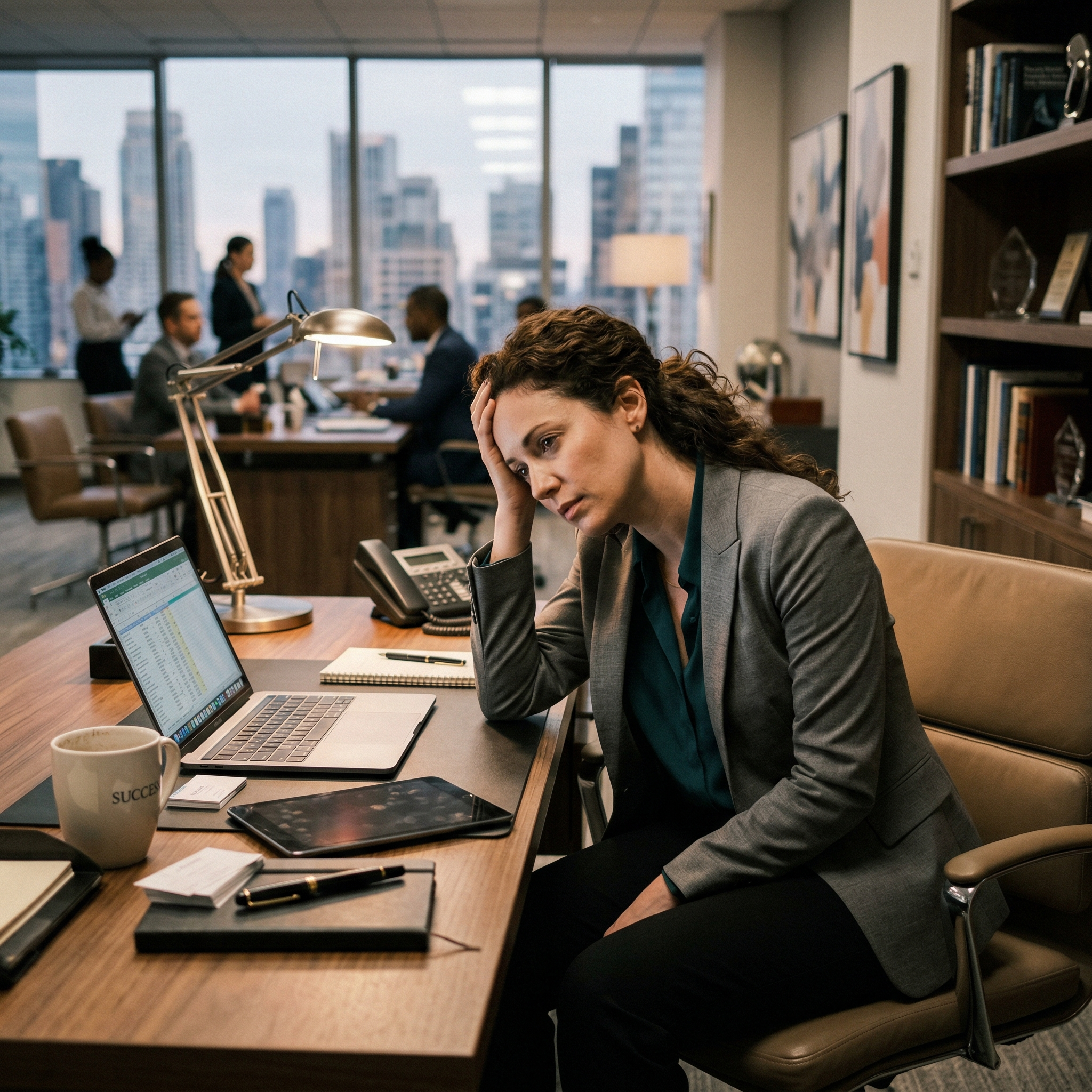 High-achieving professional sitting quietly at a desk, appearing mentally drained despite an outwardly successful environment