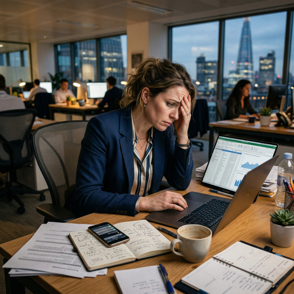 High-achieving professional sitting at a desk looking overwhelmed while staring at a laptop