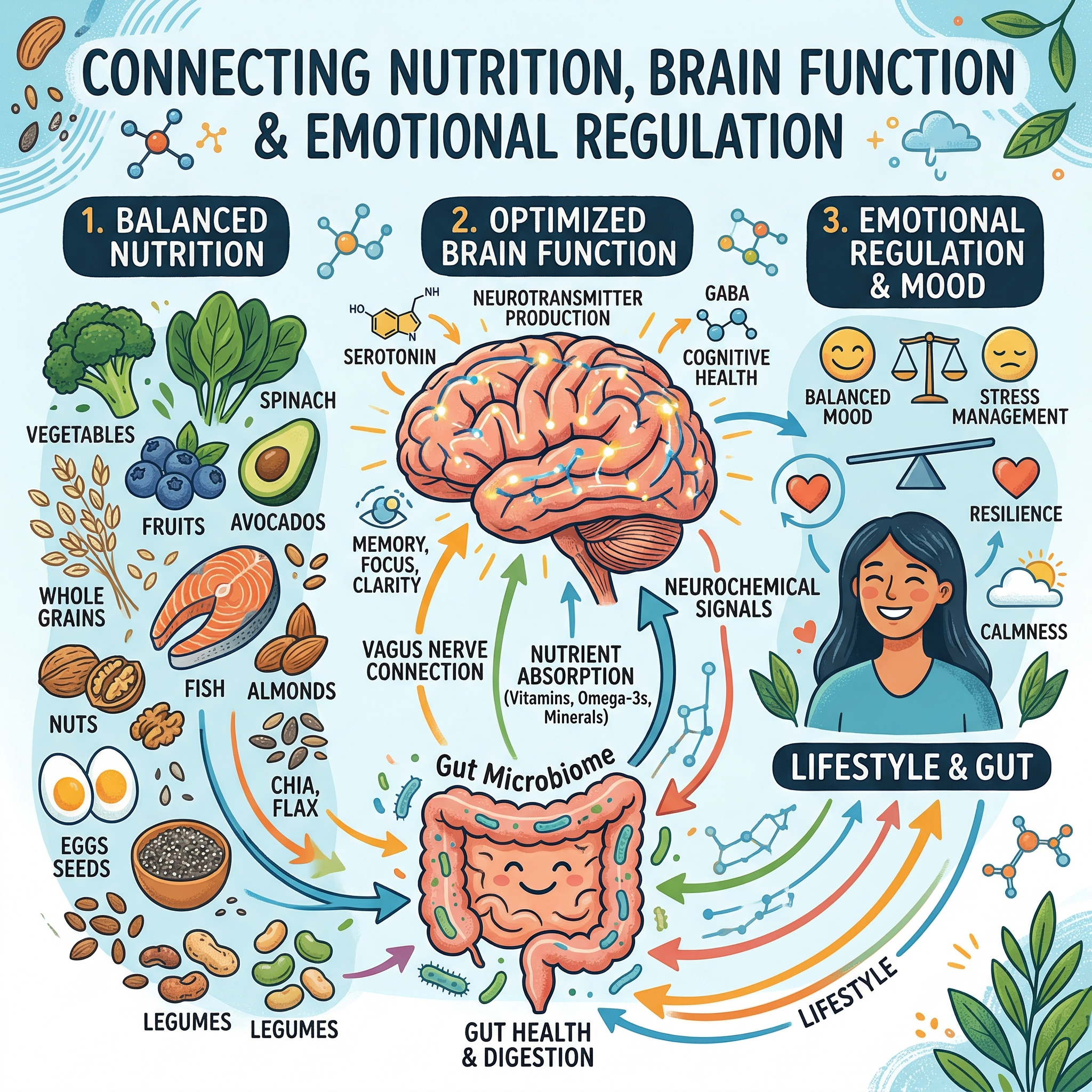 Illustration showing the connection between nutrition, brain function, and emotional regulation