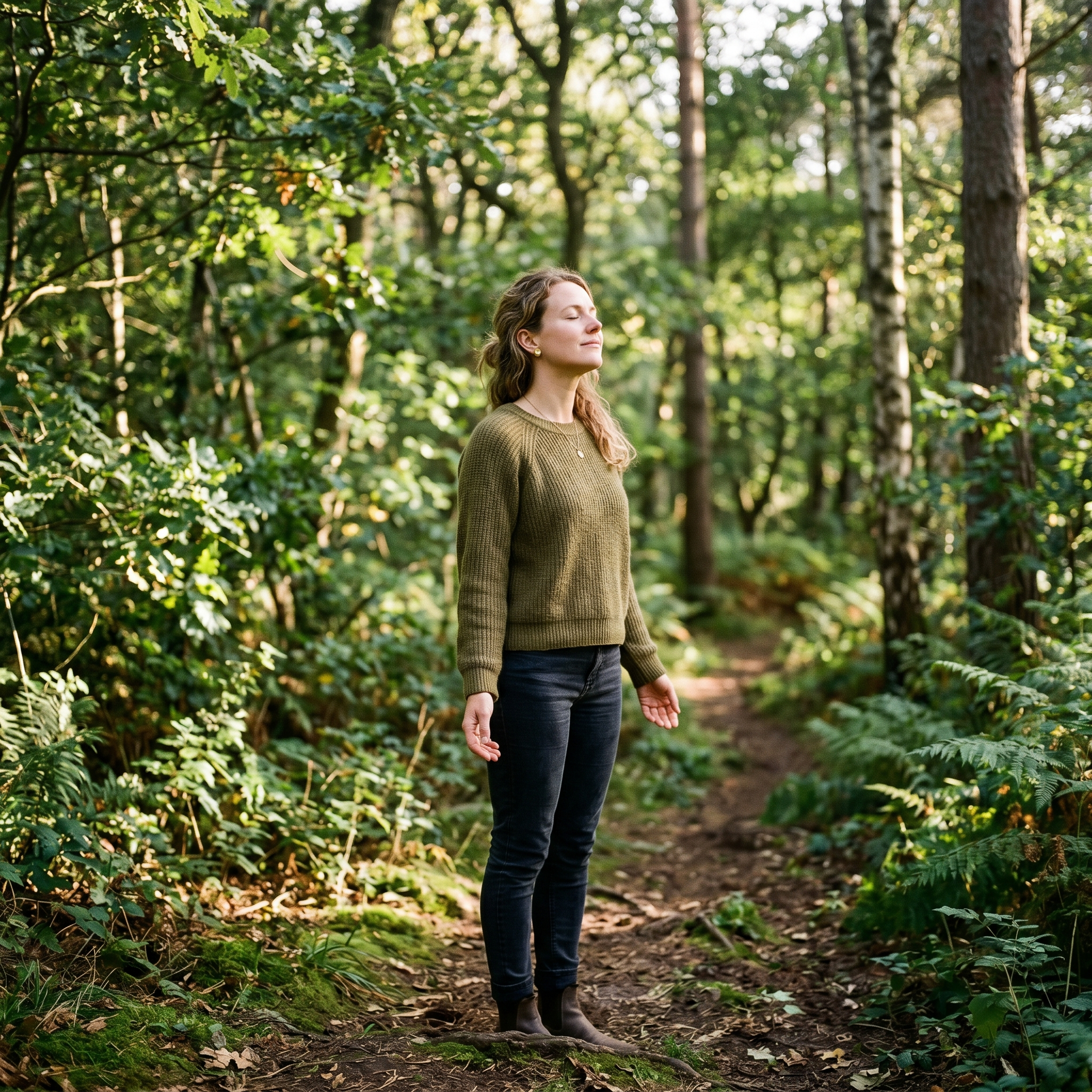 Person standing outdoors with eyes closed, breathing deeply as their body visibly relaxes.