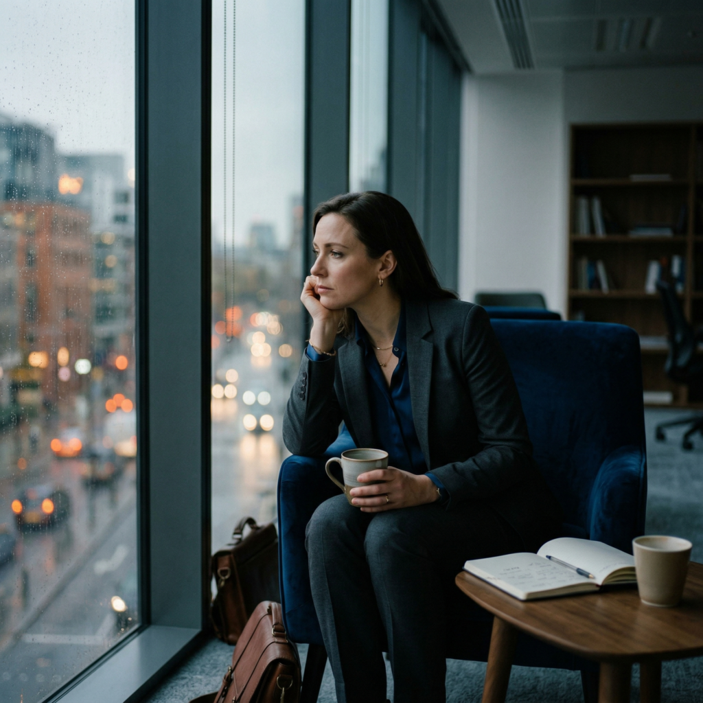 High-achieving professional sitting quietly by a window, reflecting after a setback in a calm, introspective moment