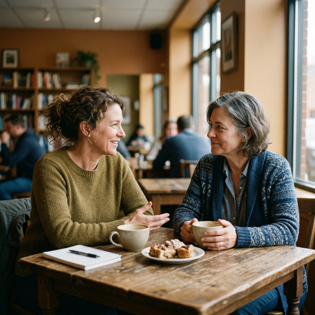 Two people having a meaningful, relaxed conversation, representing safe and authentic connection.