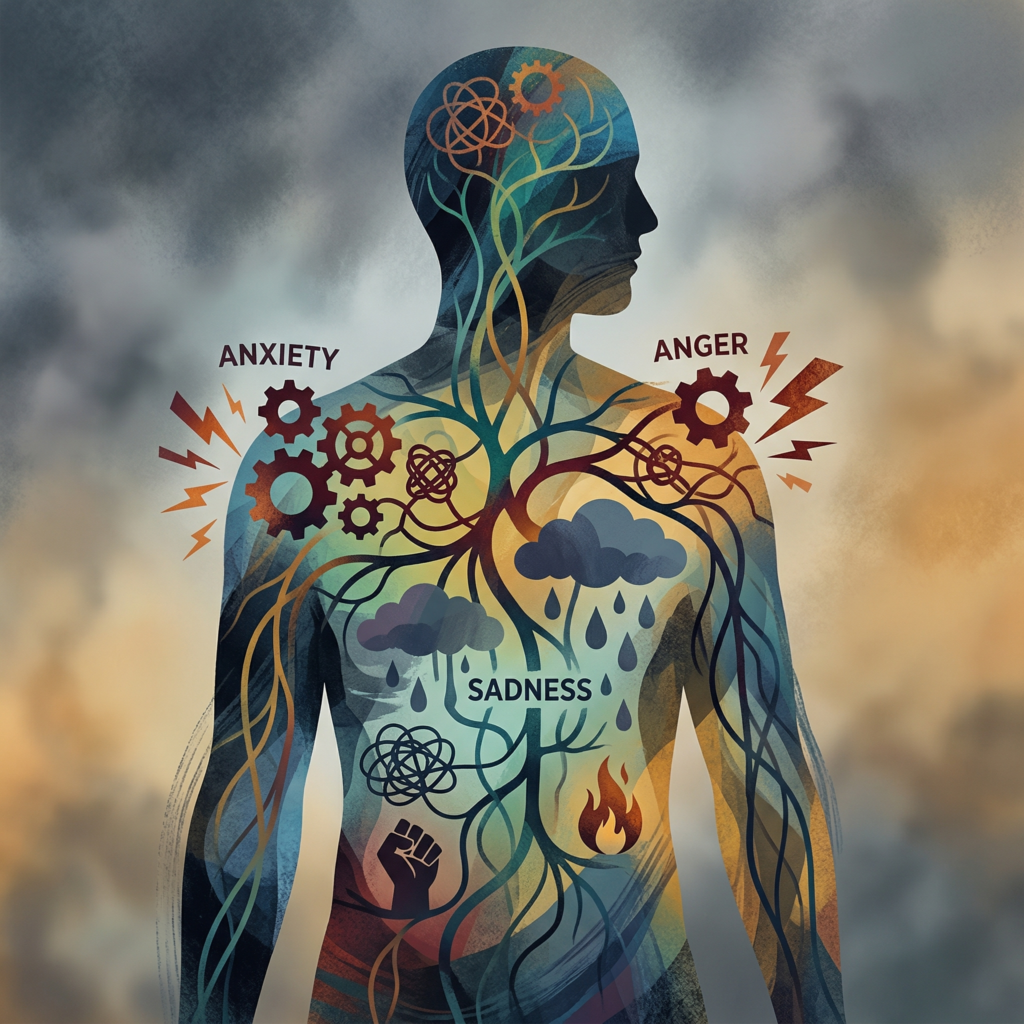 Abstract illustration of human silhouette with layered emotional icons like anxiety, anger, and sadness represented as internal signals