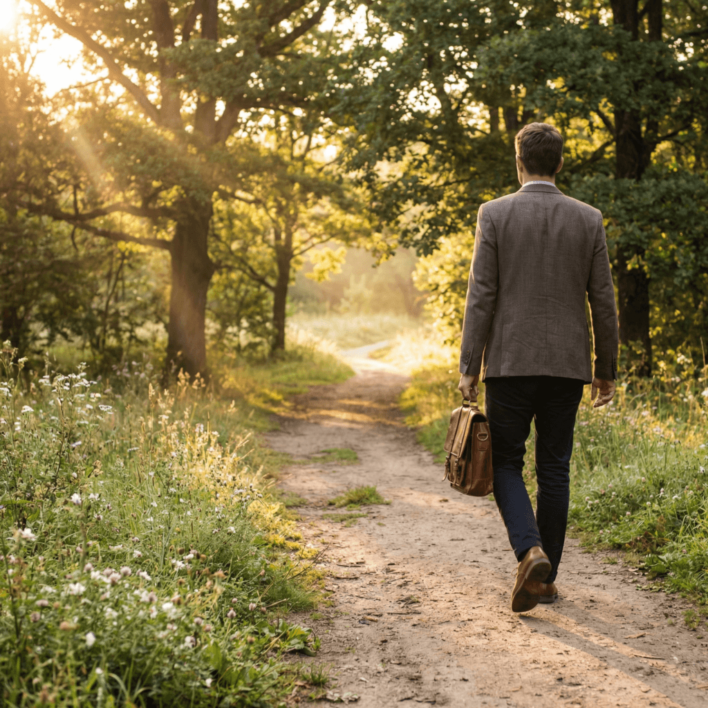 A person walking alone on a quiet nature path during early morning or golden hour. They are dressed professionally but casually, suggesting integration rather than escape. The path curves gently forward, symbolizing progress without urgency.