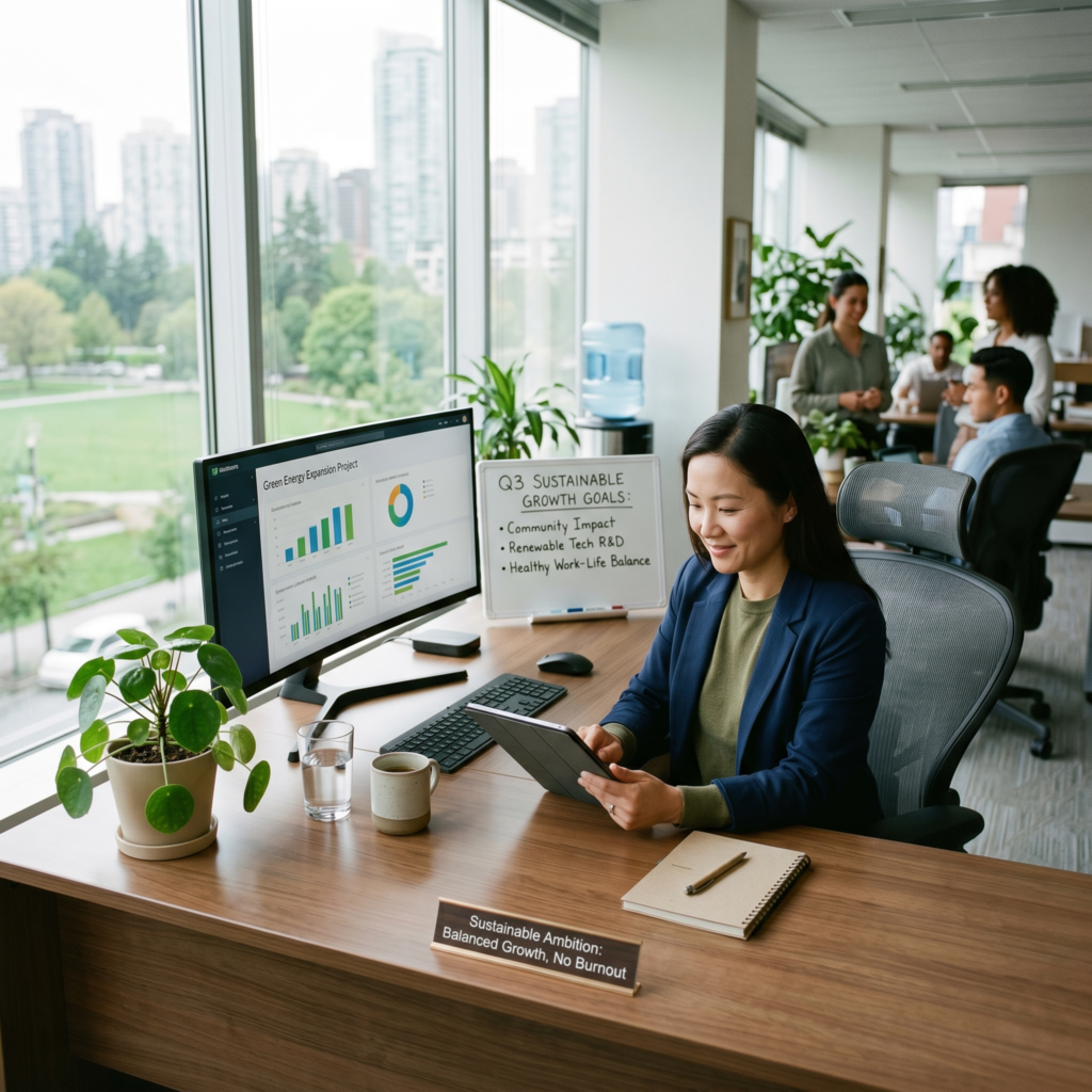 Professional working calmly in a balanced environment, illustrating sustainable ambition without burnout.