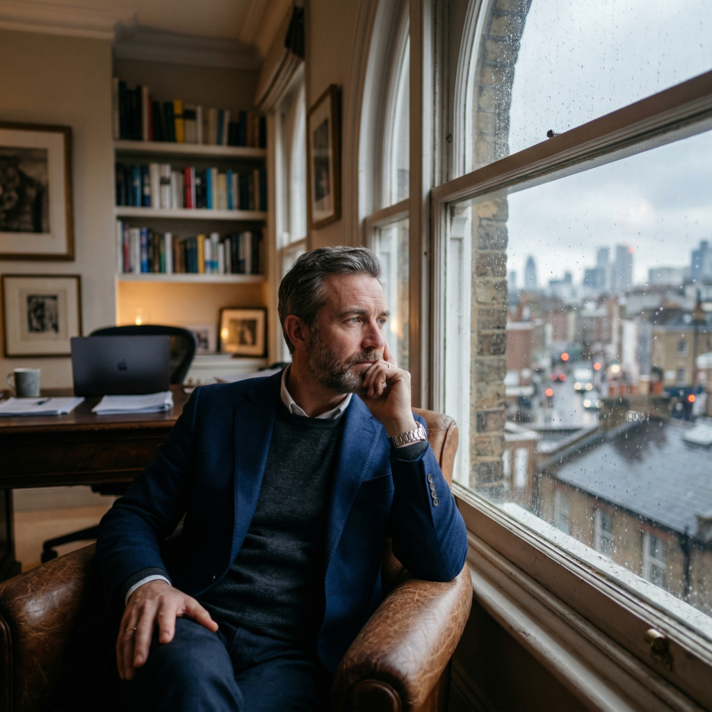 Successful professional sitting quietly by a window, reflecting with a thoughtful and slightly distant expression