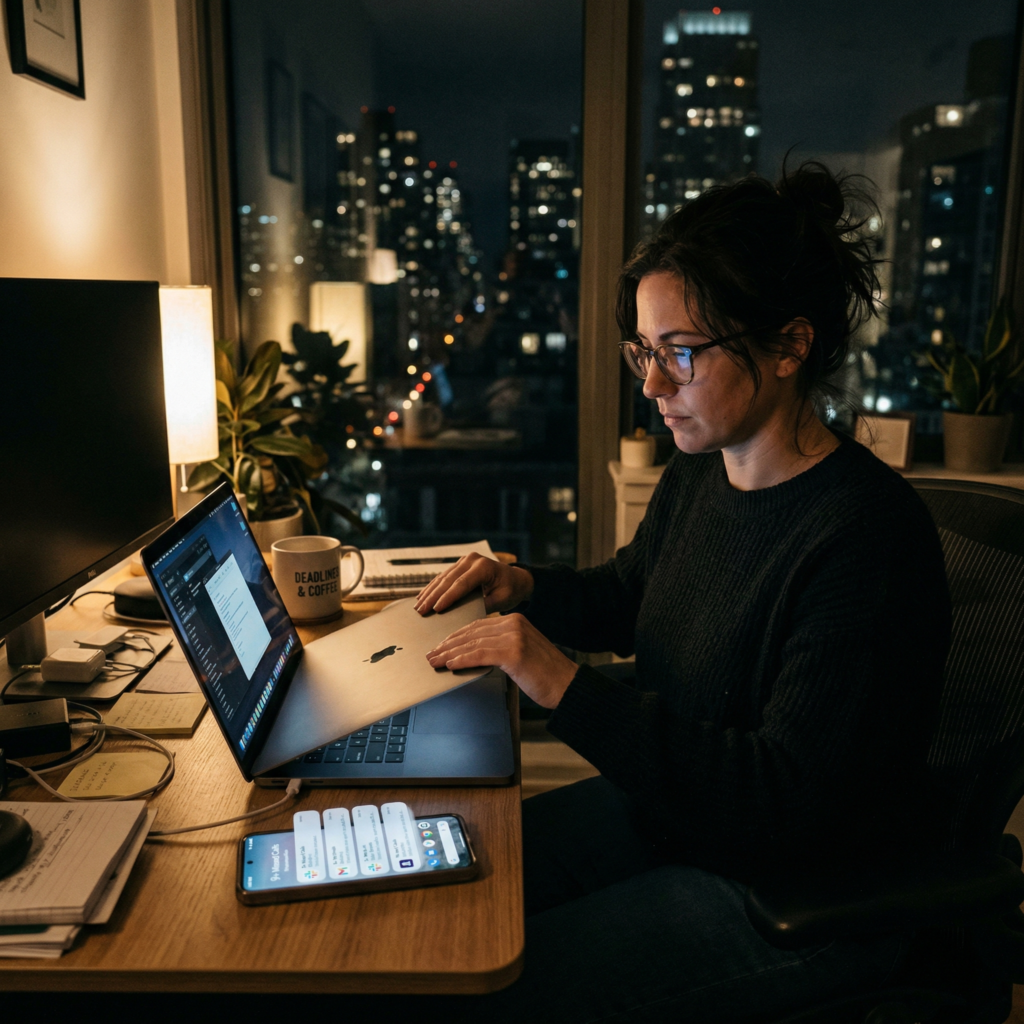 High-achieving professional closing laptop at night while phone notifications continue, symbolizing blurred work-life boundaries