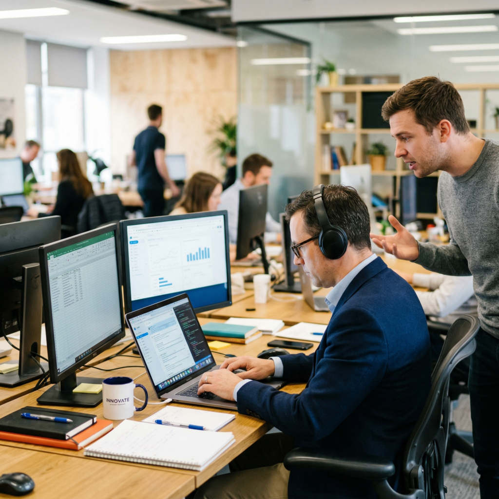 Business professional focused on laptop while ignoring a colleague trying to speak nearby