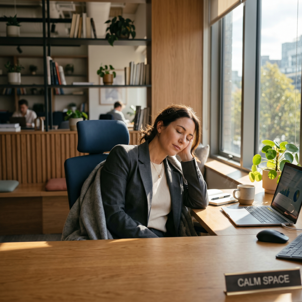 Professional resting with eyes closed during a short power nap in a calm, sunlit workspace