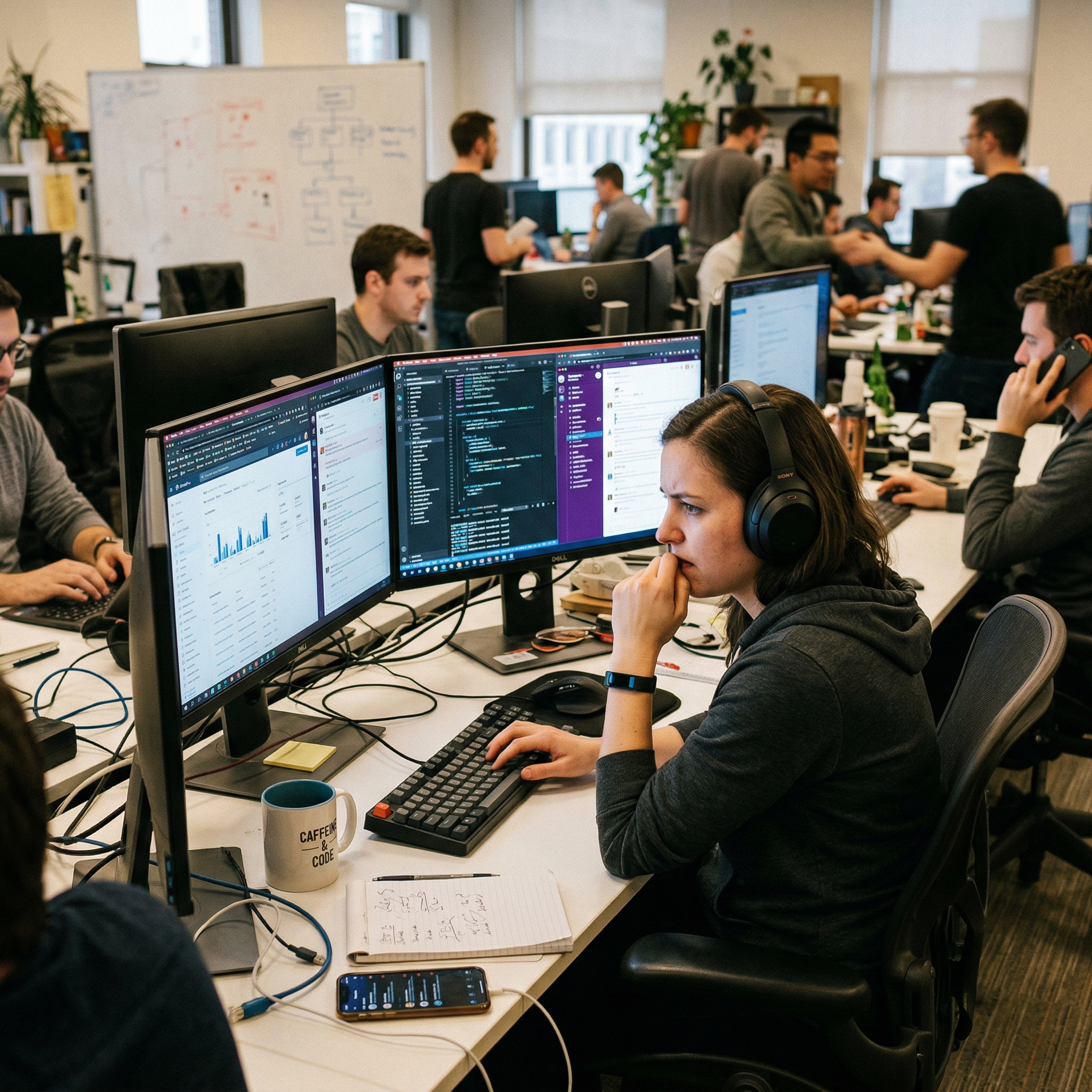 Professional multitasking at a busy desk with visible signs of tension and mental overload