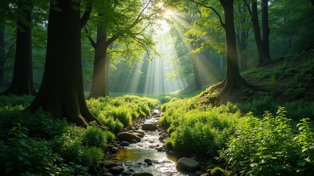 Lush green forest with trees and plants bathed in sunlight