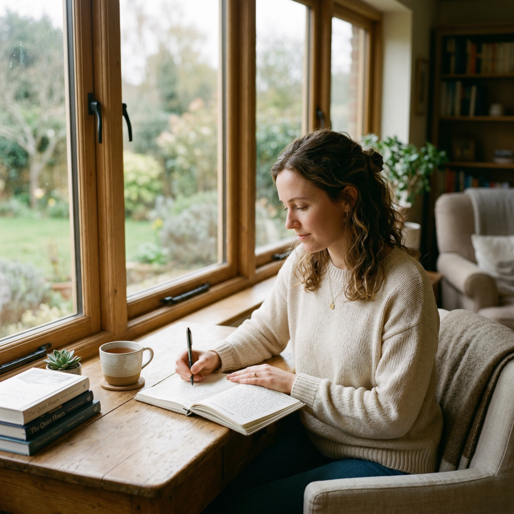  Calm individual journaling by a window with soft natural light, reflecting introspection and clarity