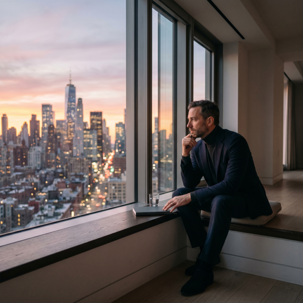 High achiever reflecting after success, feeling empty despite external achievements