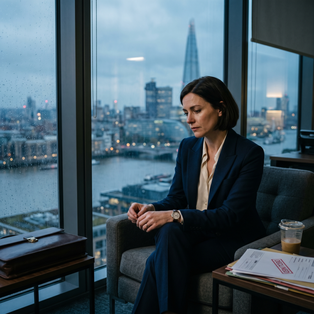 A high-performing professional sits quietly by a window, reflecting after a career setback, symbolizing the emotional weight behind outward success.