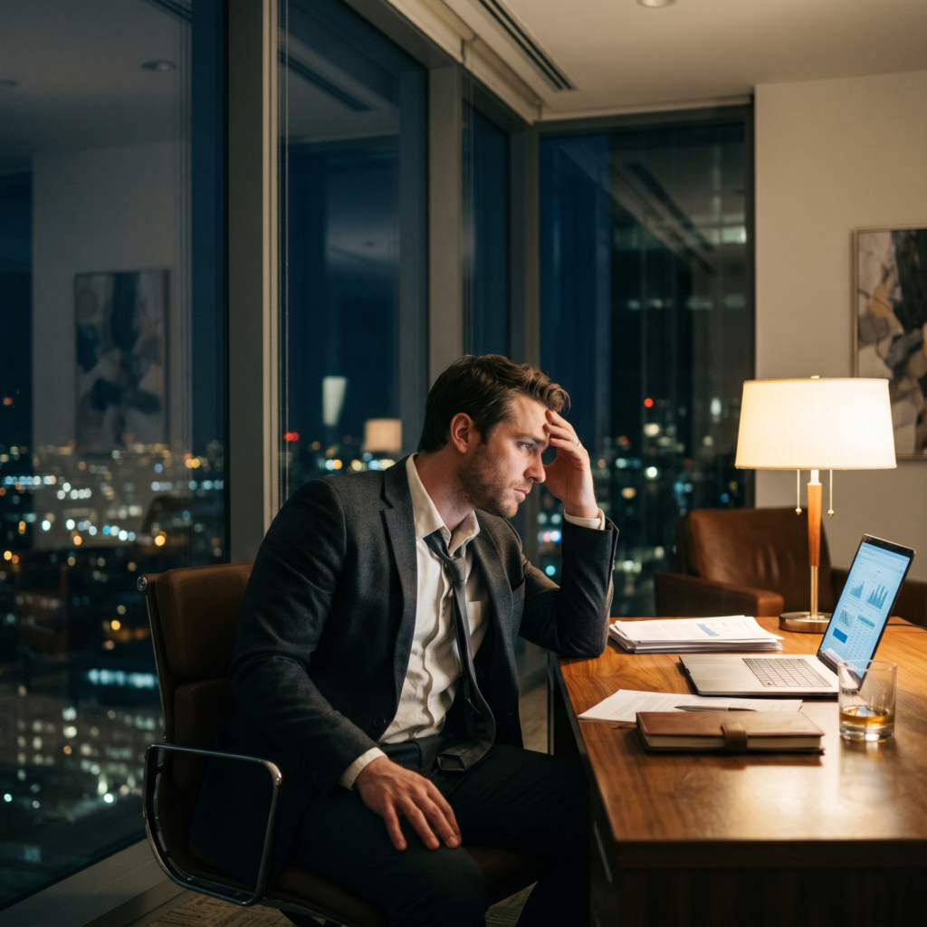 High achiever sitting alone at night appearing thoughtful and emotionally drained despite professional success
