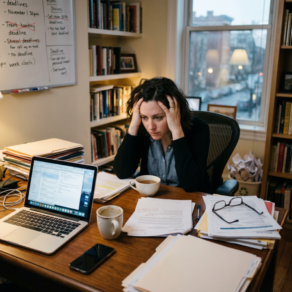 Overwhelmed professional experiencing mental overload and burnout symptoms