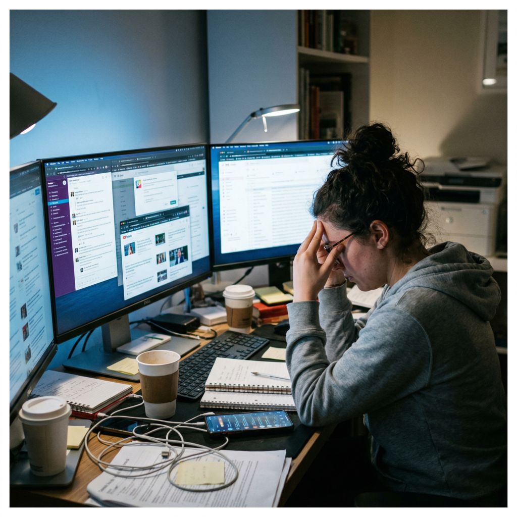 Person overwhelmed by multiple screens, notifications, and tasks, illustrating cognitive overload and mental saturation