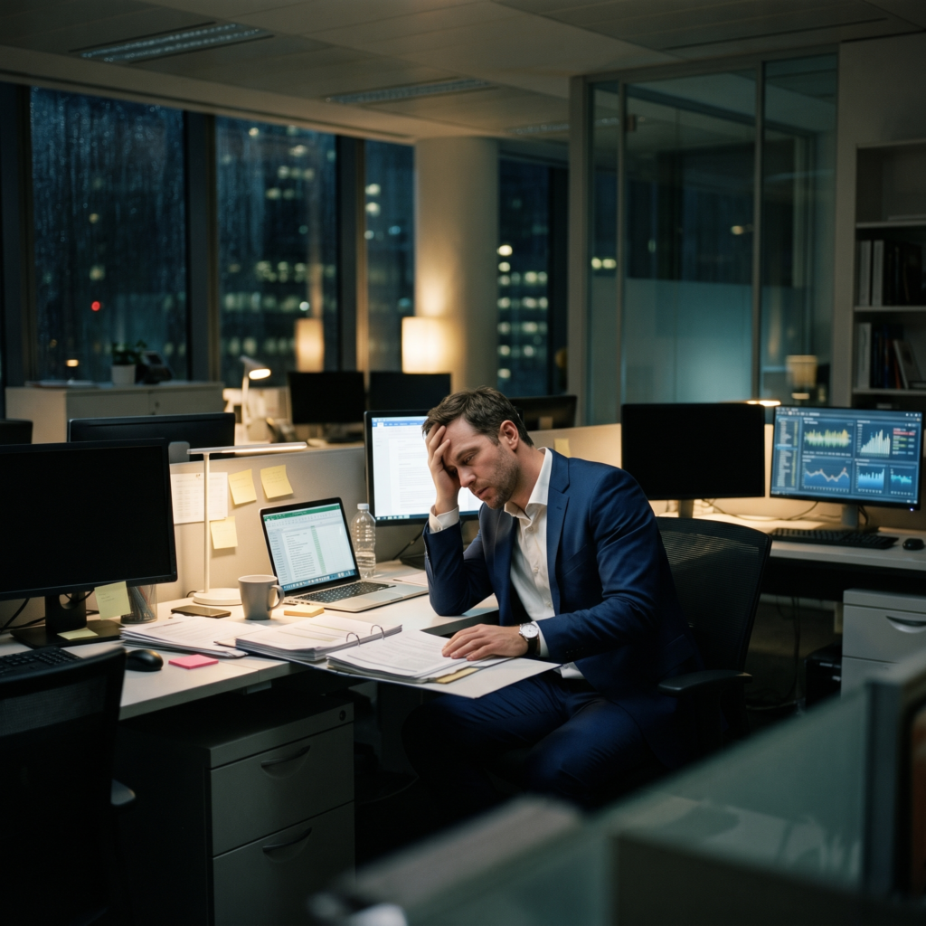A professionally dressed individual sitting alone late at night in a softly lit office, surrounded by unfinished work and glowing screens, appearing emotionally exhausted despite external signs of success. 