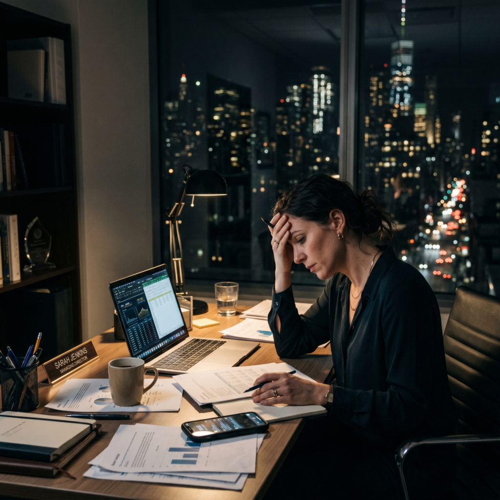 Burnout in high-performing professional feeling exhausted and mentally drained despite career success