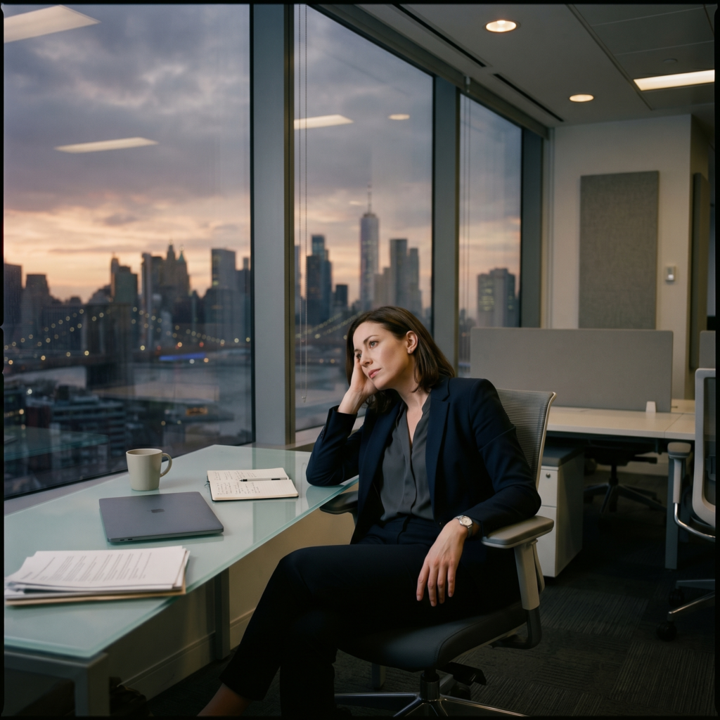 A professionally dressed high-achieving professional sits alone in a modern office after hours, looking emotionally exhausted while staring thoughtfully out a large window overlooking a city skyline at sunset. 