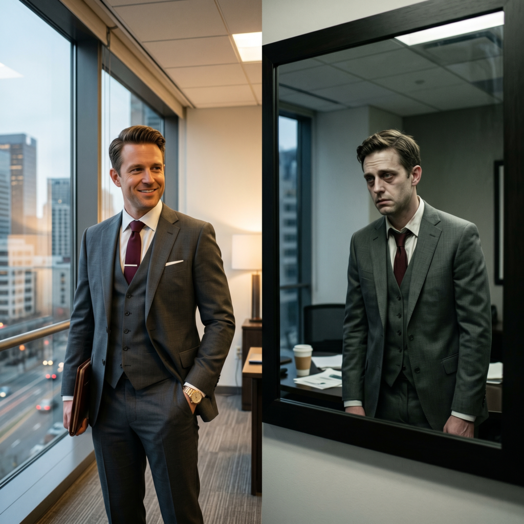 Split image of a successful professional showing external confidence and internal emotional exhaustion highlighting achievement fulfillment gap