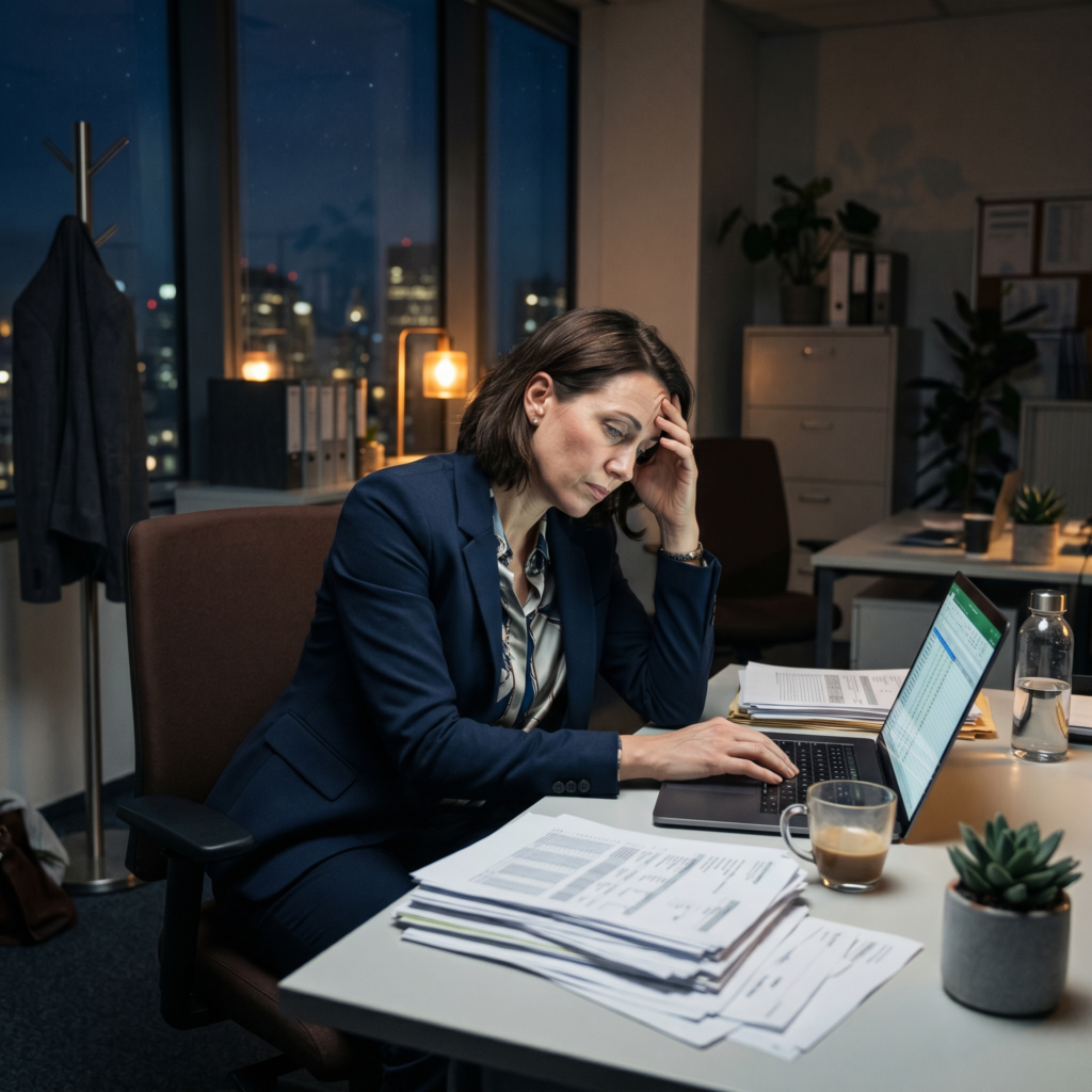 Emotionally exhausted high-achieving professional experiencing burnout and identity loss after chronic workplace stress.