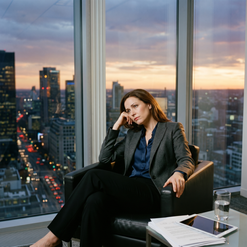 Emotionally exhausted high achiever reflecting alone in a modern office at sunset.