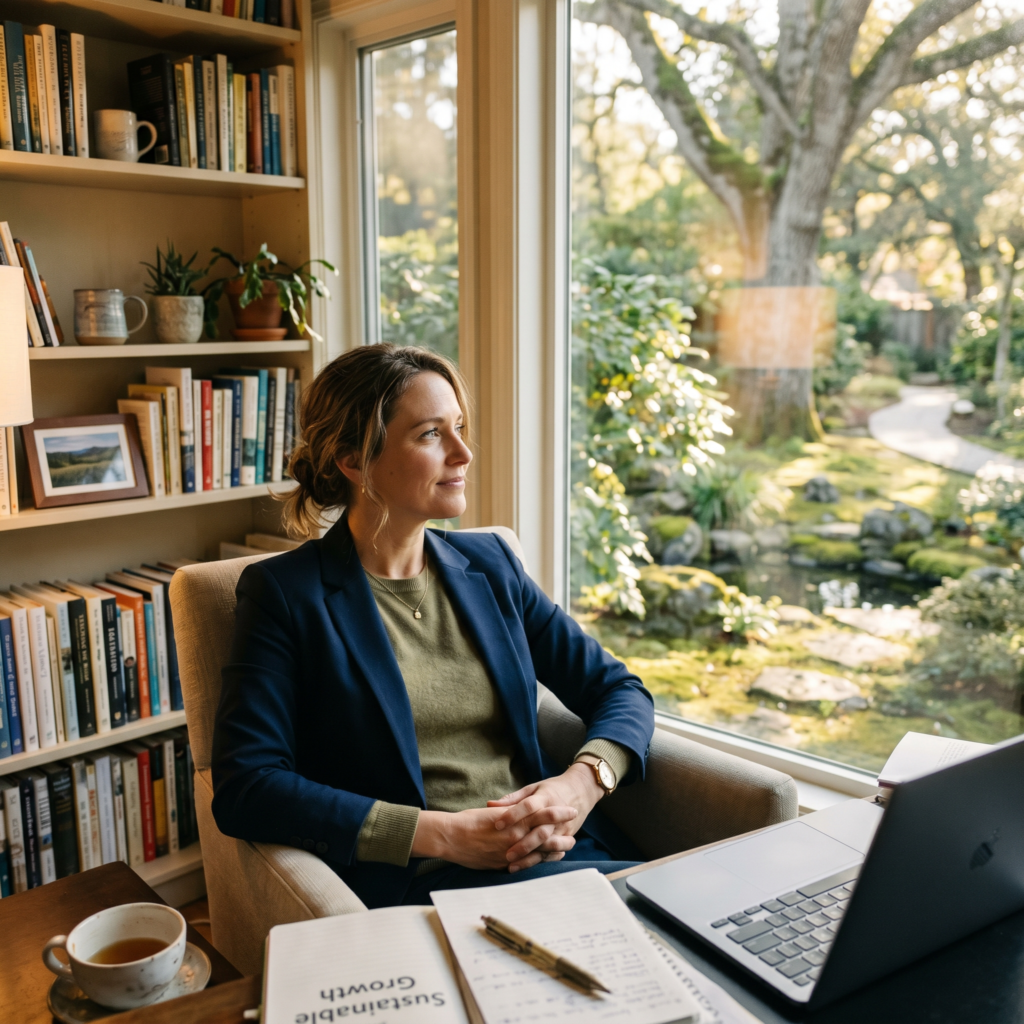 A successful professional pausing from work to reflect quietly in a peaceful environment, representing emotional well-being, burnout recovery, and sustainable growth mindset development.