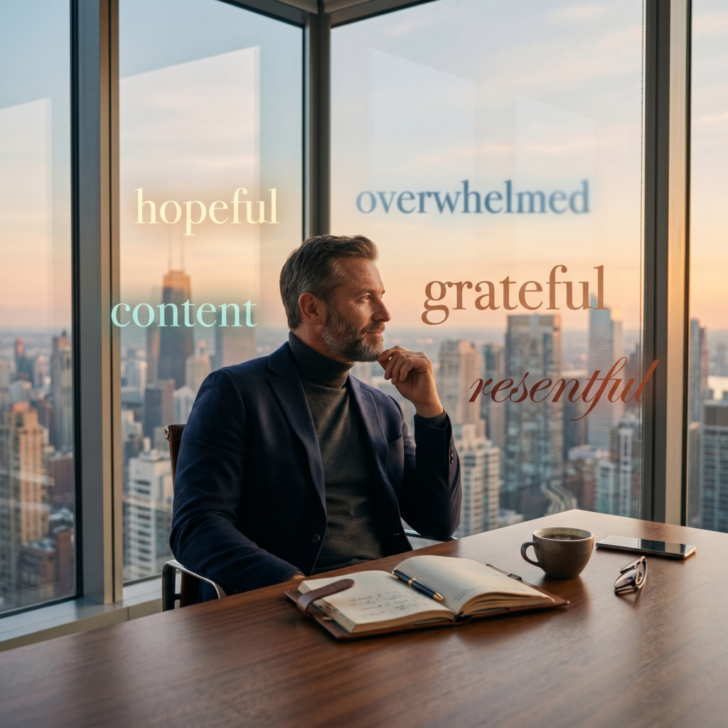 Successful professional reflecting by a window while exploring emotional awareness and building emotional resilience to overcome burnout and achieve sustainable well-being.