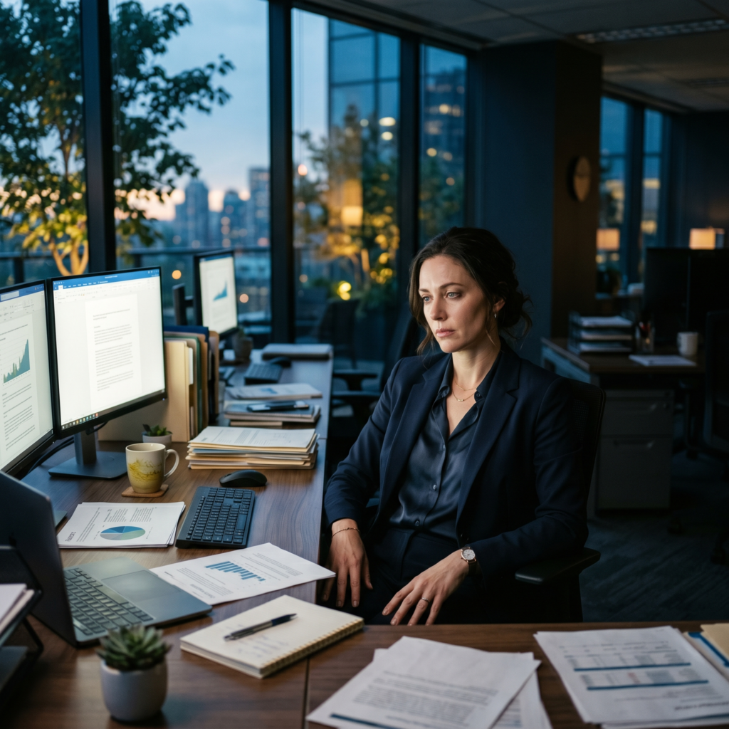 High-achieving professional sitting alone in an office experiencing emotional exhaustion and functional freeze despite outward success.