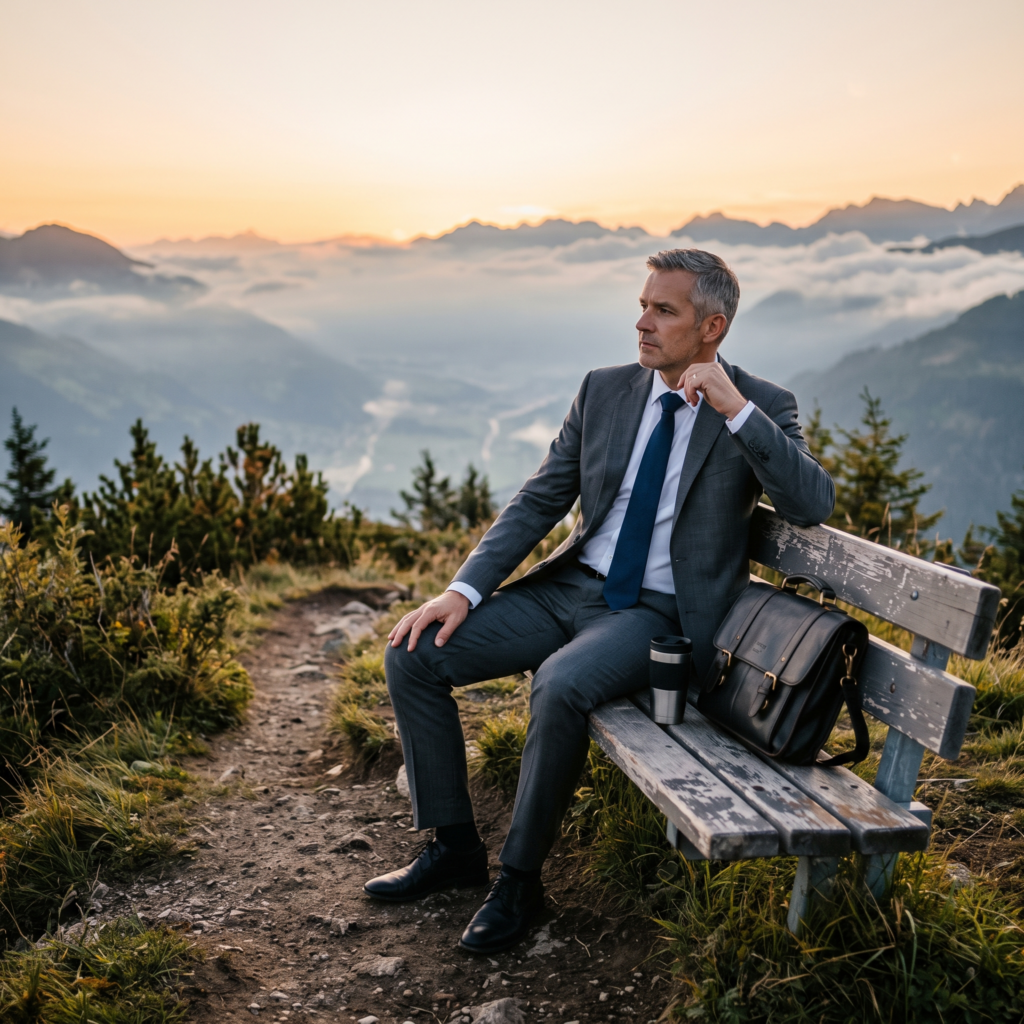 Successful professional sitting alone on a bench overlooking mountains at sunrise, reflecting on purpose, emotional well-being, and reconnecting with their inner life beyond career success.