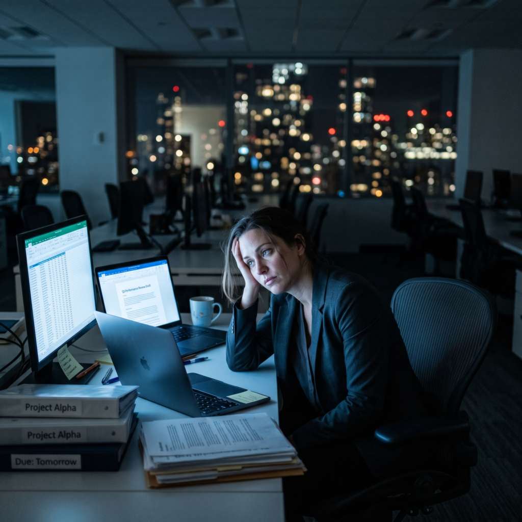 Exhausted high-performing professional working late in a burnout culture workplace environment