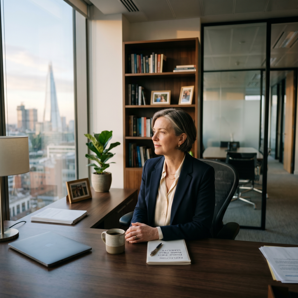 Emotionally intelligent leader communicating calmly during workplace uncertainty and organizational stress